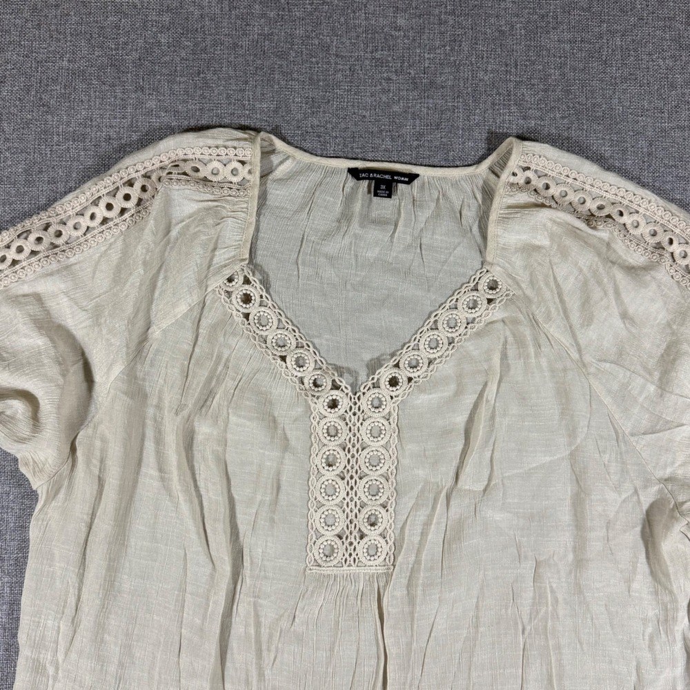 Zac & Rachel Blouse Womens 3X Beige Preowned Boho Crochet Lace Peasant Top Gauze
